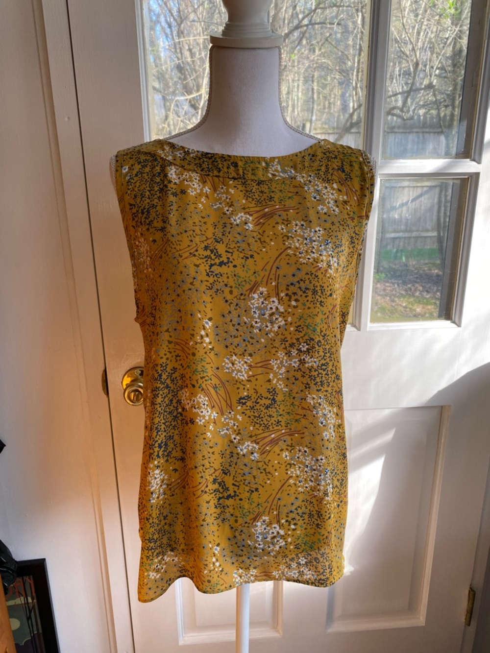 Mustard Yellow Floral Lightweight Top with Blue & White Flowers